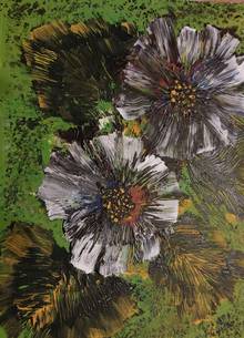 Acrylgemälde, grüner Hintergrund, weiße Blüten mit gelb-schwarzen Blättern