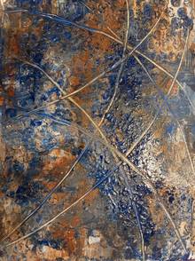 Abstraktes Acrylgemälde, rot und blau gemischt, helle Streifen