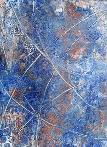 Abstraktes Acrylgemälde, blaue Flecken mit hellen Streifen, teilweise Rot